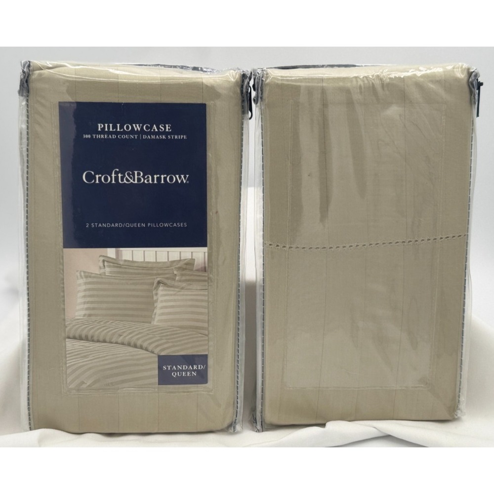 (4) Croft&Borrow 300 Thread Count Damask Strip Queen Pillowcases - NEW - Cotton